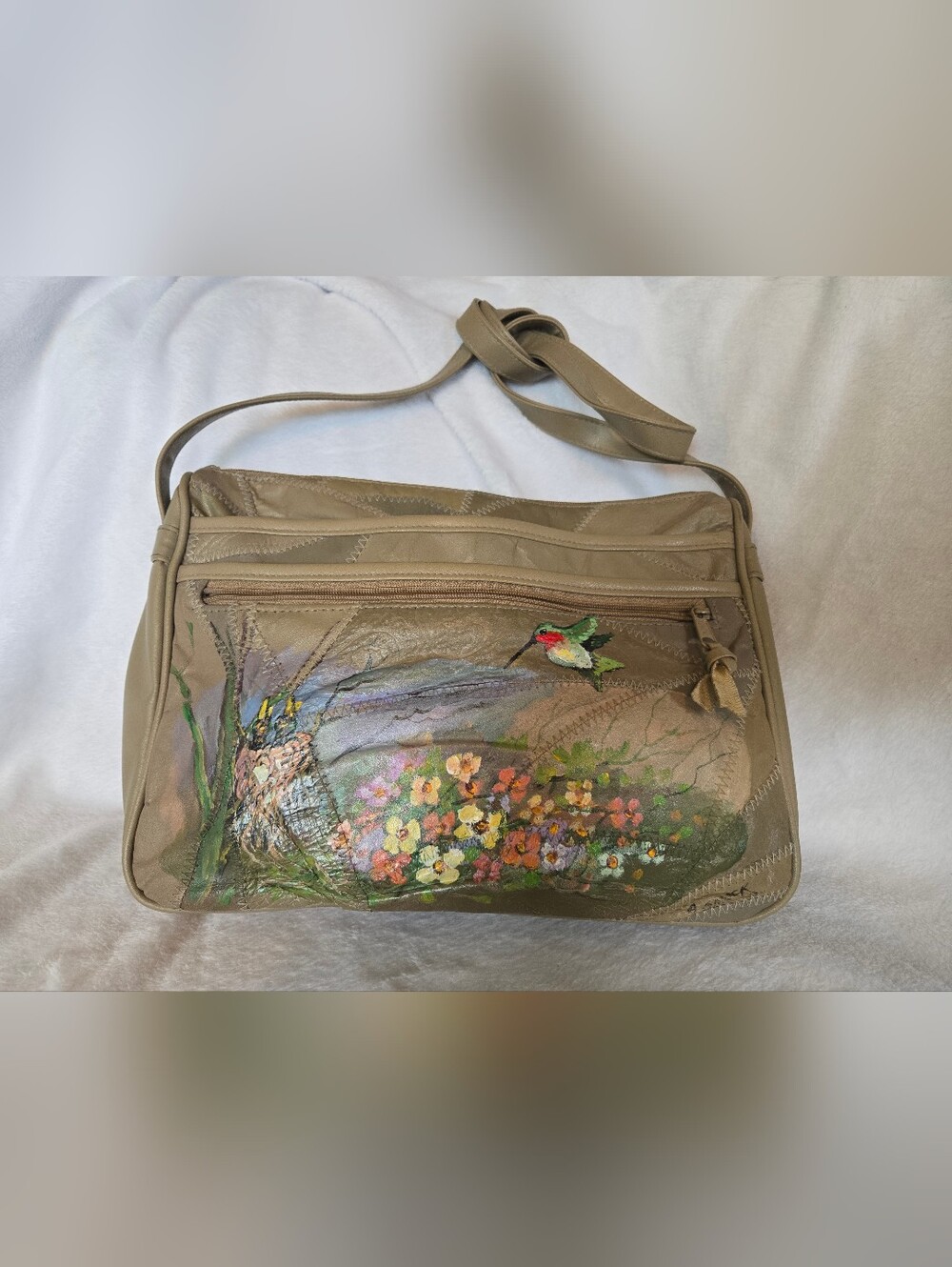 Taupe Hand-Painted Floral & Hummingbird Crossbody Bag